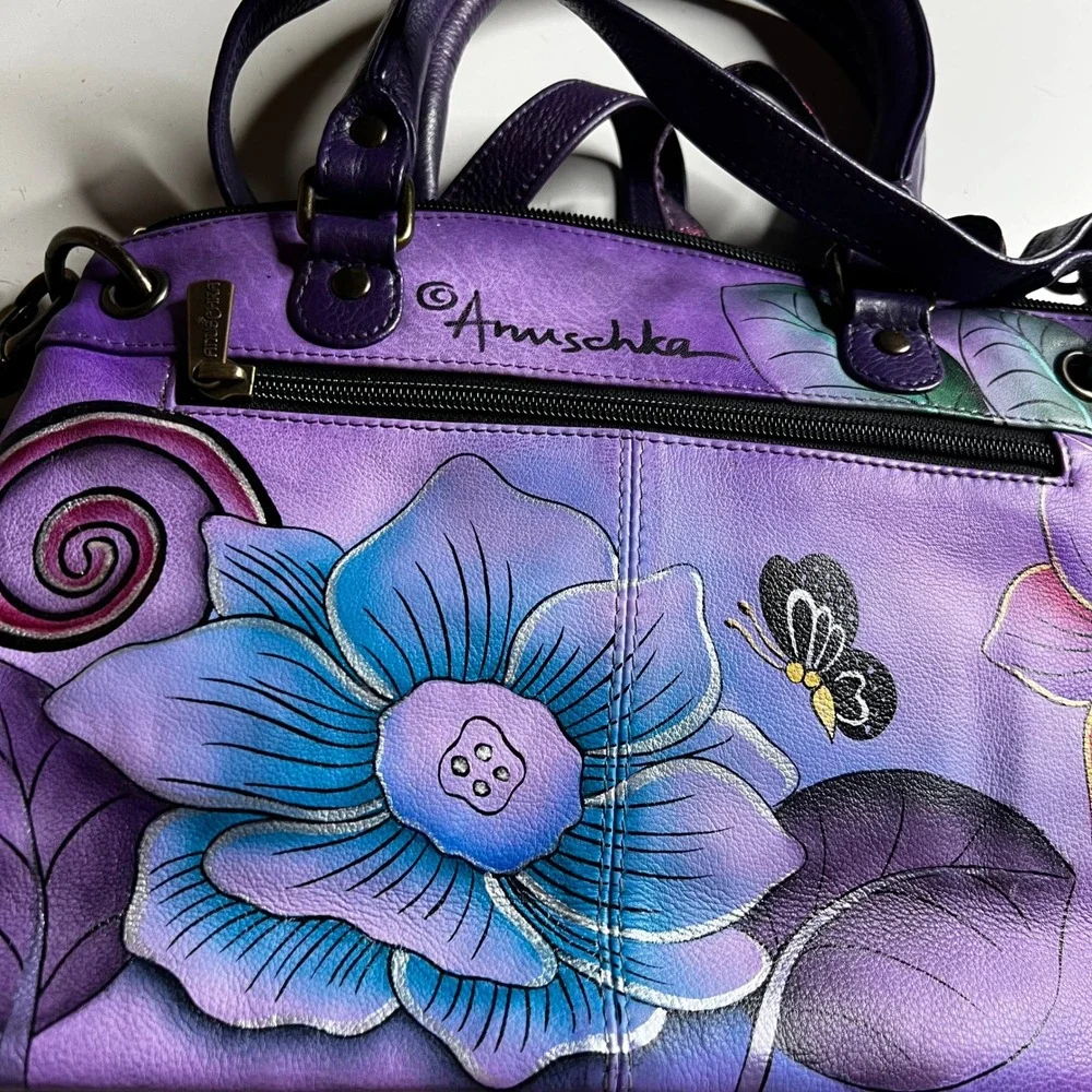 Anuschka Hand Painted Leather Satchel Purple Floral Butterfly Crossbody Bag